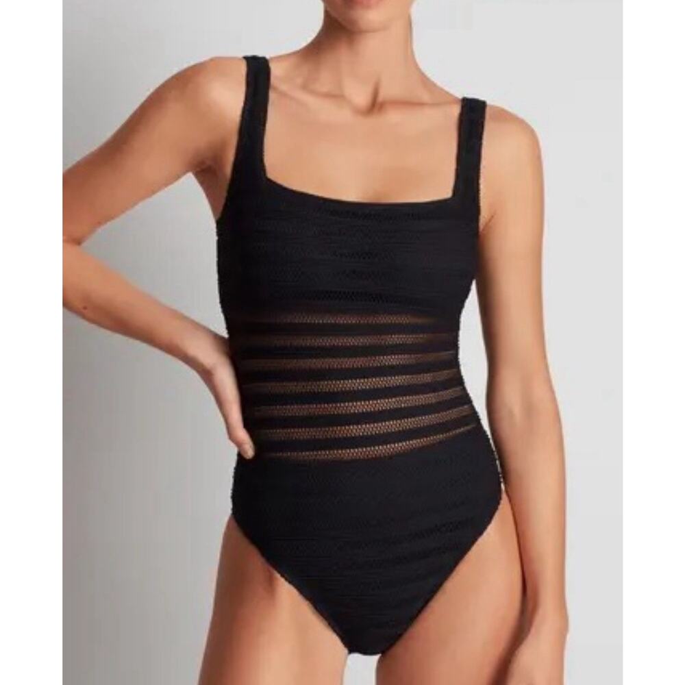 Lauren Ralph Lauren Mesh Stripe Black One-Piece Square Sheer Swimsuit Size 6
